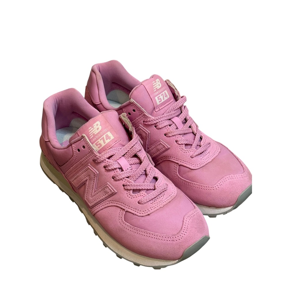 New Balance 574 Pink Monochromatic Suede Sneakers pink rabbits Womens Low Top